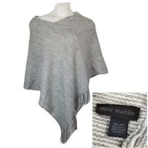 Steve Madden Poncho Knit Striped Gray Silver Metallic Fringe Lightweight OS